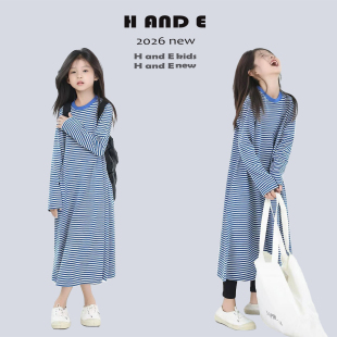 H AND E  原创慵懒风童装海军蓝条纹长裙26秋冬连衣裙母女亲子装