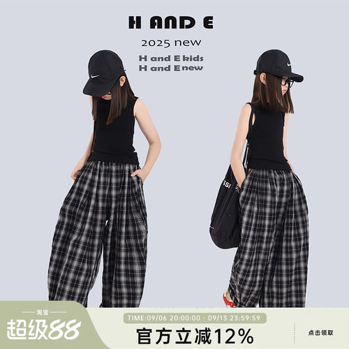 H AND E 原创童装2026夏季黑色休闲阔腿格子裤女童母女亲子装