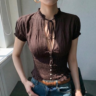 女装 ZARluvip查罗春季 蕾丝衫 蝴蝶结饰短上衣收腰衬衫 7521020 新款