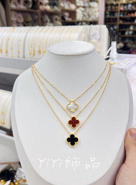 2025新款沙金防黄金白贝母四叶草项链女轻奢小众高级感锁骨链颈链