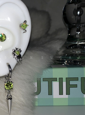 爆闪绿色小蛇耳骨钉钛钢暗黑鬼爪蝴蝶结耳蜗钉长款尖坠耳圈耳环