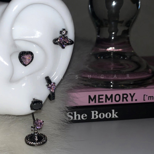 暗黑粉色锆石土星马蹄环耳骨钉钛钢耳骨环爱心耳蜗钉千禧辣妹耳环