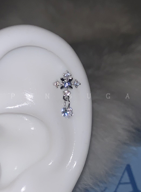 闪闪蓝色星芒水滴耳骨钉钛钢锆石吊坠螺丝耳蜗钉日常百搭耳环女