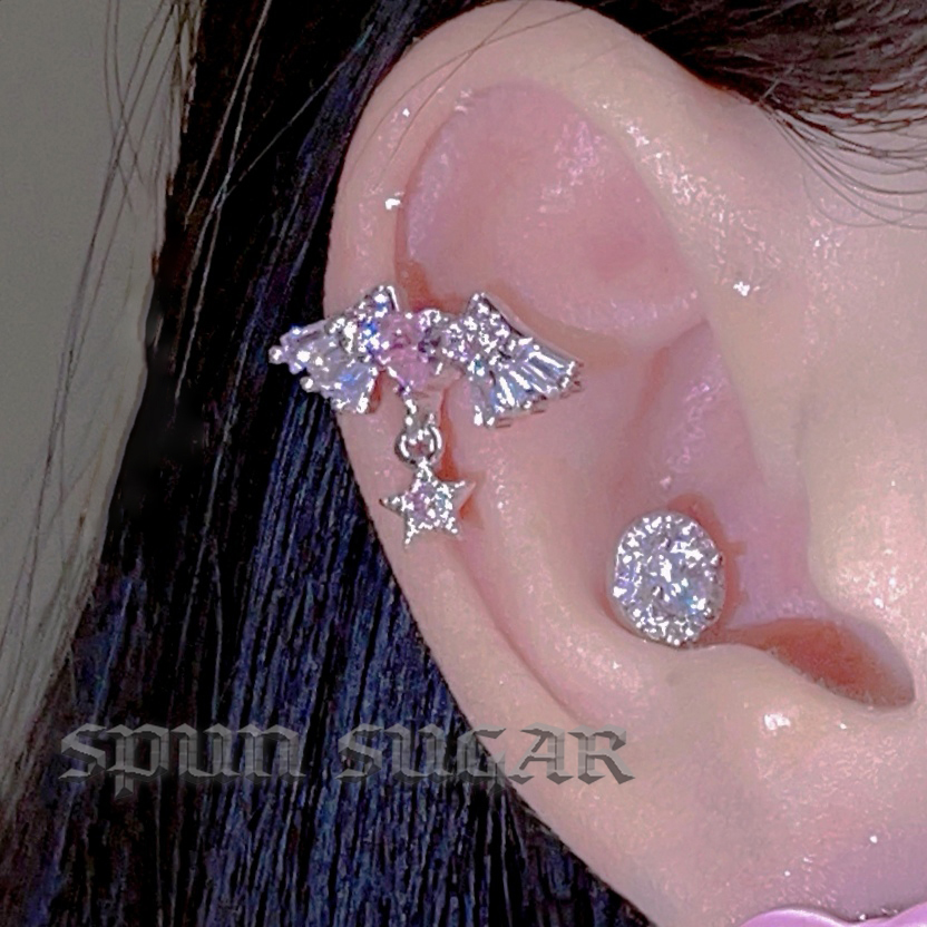 闪闪粉钻爱心翅膀耳骨钉辣妹钛钢