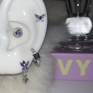 闪闪紫色蝴蝶耳圈可爱少女灵动蝴蝶钛钢耳骨钉小众甜酷辣妹耳环女