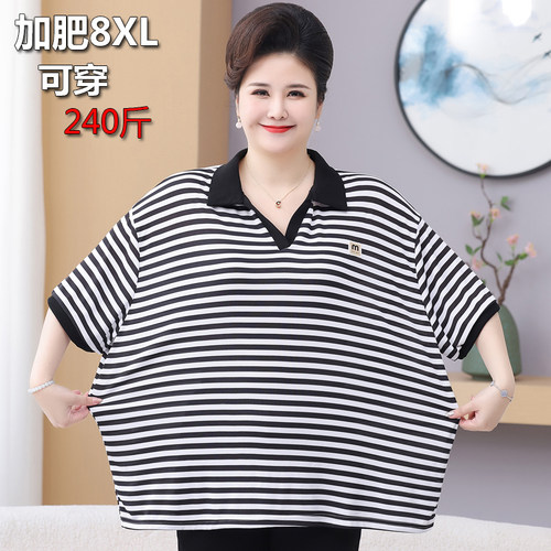 胖妈妈夏装短袖t恤加肥加大码中老年人奶奶小衫宽松遮肚条纹上衣5