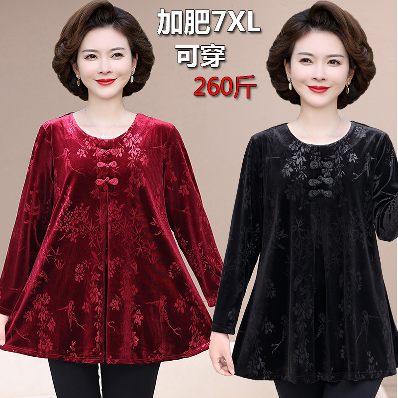 中老年女春秋大码金丝绒T恤上衣