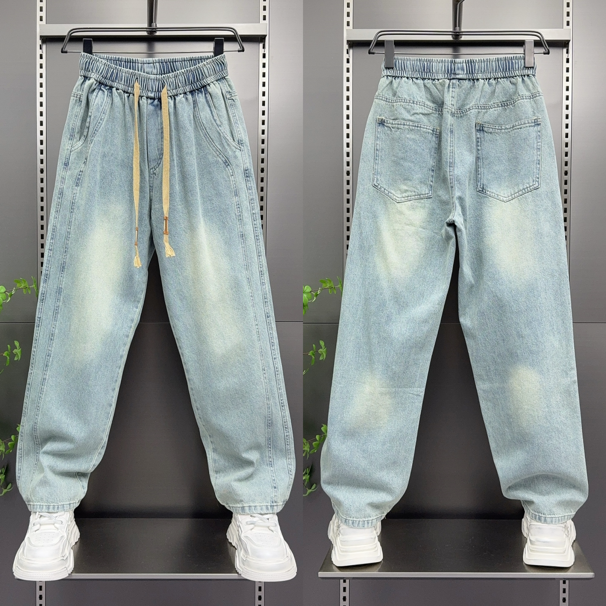 2025春款美式复古水洗宽松牛仔裤男潮牌直筒萝卜九分裤哈伦长裤子