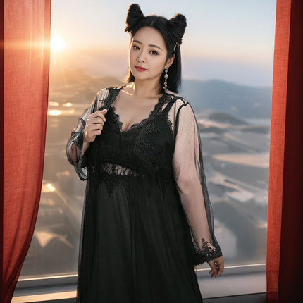 大码性感睡衣秋冬睡裙家居服长袖宽松长款蕾丝性感薄款可外穿