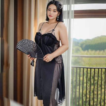 大码性感睡衣欧美风纯欲火辣美背吊带睡裙带胸垫蕾丝网纱款两件套