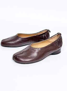 【老谭家】2CM手工复古分趾平底牛皮单鞋舒适百搭休闲时尚猪蹄鞋