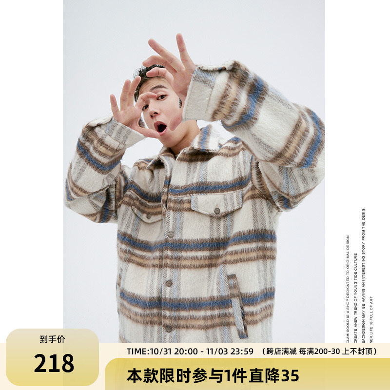 CLAMISGOLD®潮牌秋冬美式复古宽松格子毛呢子大衣外套男女情侣款