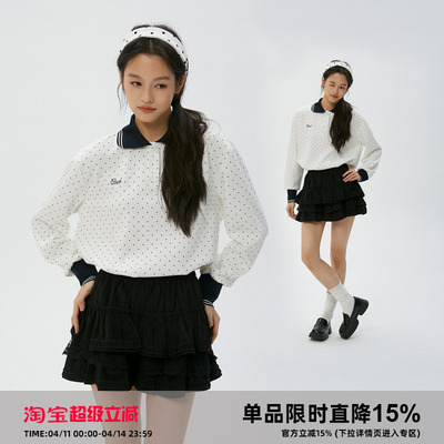 岚室复古波点翻领长袖POLO打底衫