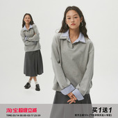 Clamisgold 岚室 抗皱空气层条纹翻领宽松套头卫衣 假两件