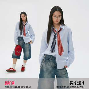 衬衫 岚室 蓝色条纹长袖 领带项链印花 宽松上衣男女 Clamisgold