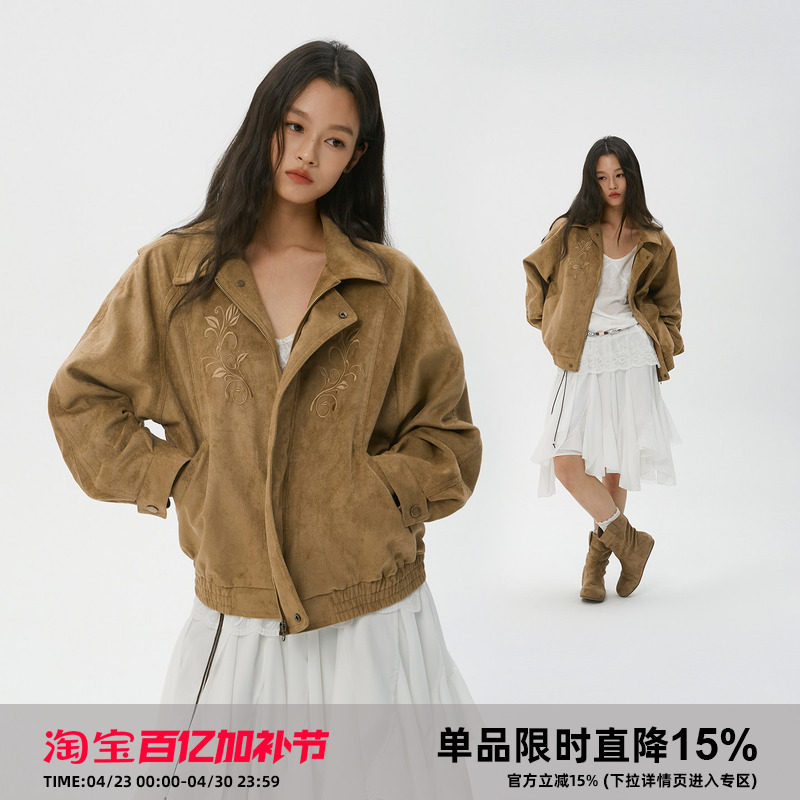 岚室（Clamisgold）*鸢尾花*刺绣焦糖色麂皮绒感挺阔宽松外套夹克