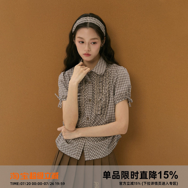 岚室*「南法庄园」小众格子木耳花边短袖衬衫显瘦抽褶衬衣夏季女
