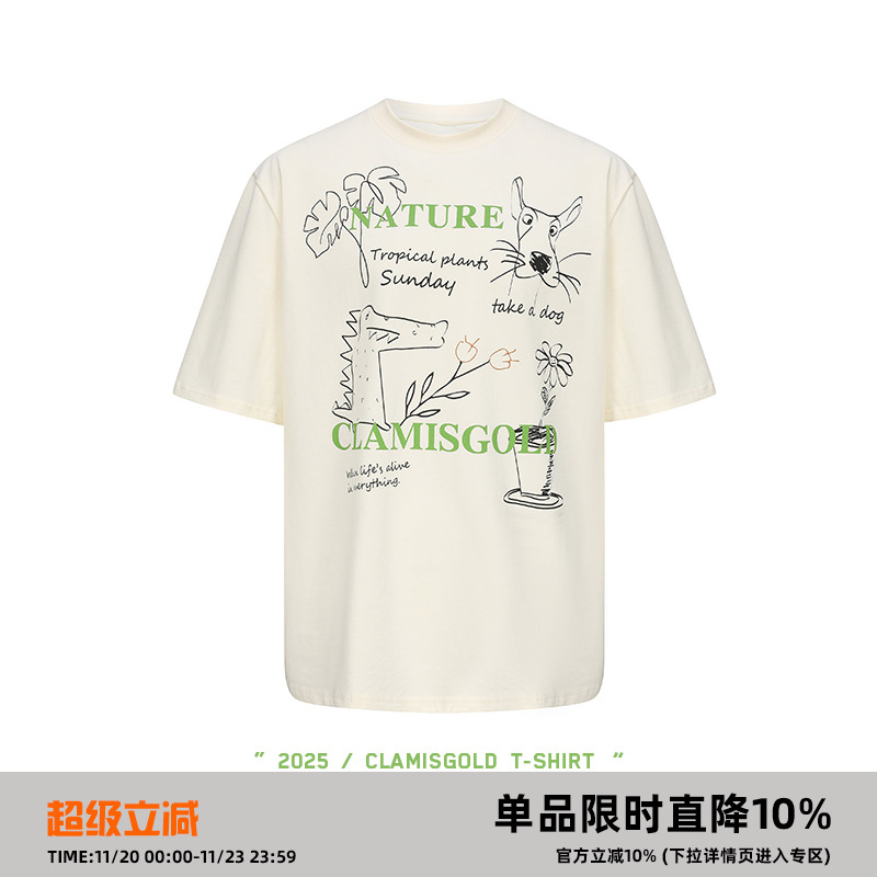 CASD（Clamisgold）美式植物系*花卉动物字母涂鸦五分袖T恤短袖男