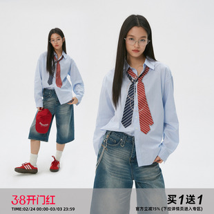 岚室（Clamisgold）领带项链印花*蓝色条纹长袖衬衫宽松上衣男女