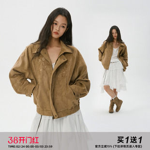 岚室（Clamisgold）*鸢尾花*刺绣焦糖色麂皮绒感挺阔宽松外套夹克