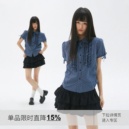 岚室复古花边格纹抽褶短袖衬衫女
