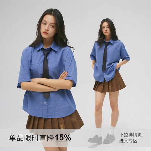 岚室*蓝色格子全棉凉感短袖衬衫