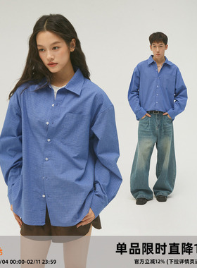 CASD（Clamisgold）蓝色格纹宽松长袖衬衫纯棉Miu系衬衫男女情侣