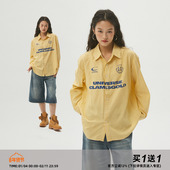 断码 特价 Clamisgold运动复古黄色条纹长袖 衬衫 印花宽松上衣潮