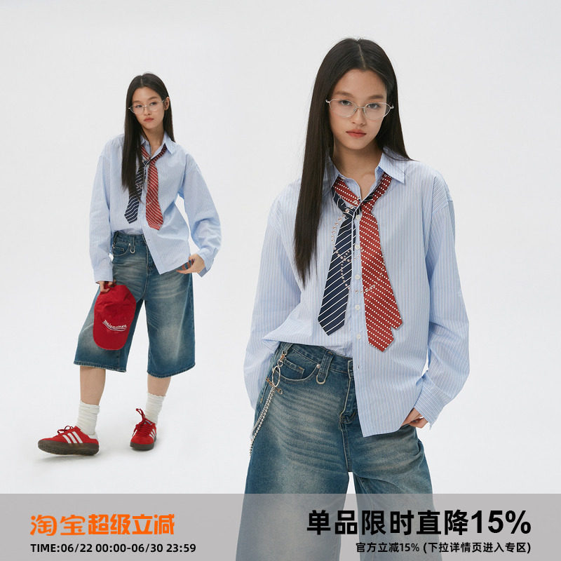 岚室（Clamisgold）领带项链印花*蓝色条纹长袖衬衫宽松上衣男女 - 实物图