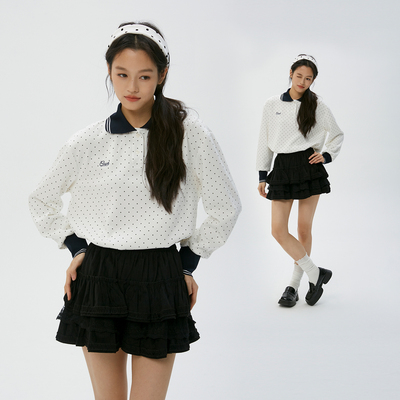 岚室复古波点翻领长袖POLO打底衫