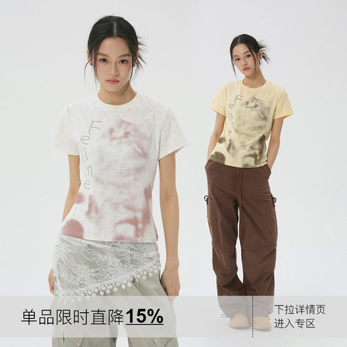 岚室像素猫咪碎花正肩短袖T恤女