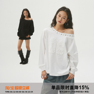 【断码特价】岚室Clamisgold贴布绣铆钉斜肩女一字肩长袖打底衫