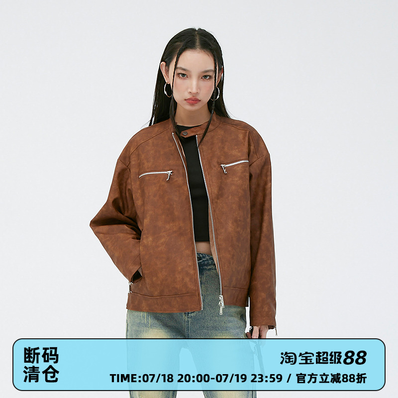 CLAMISGOLD做旧机车领宽松皮衣