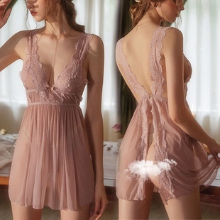 吊带加大码网红爆款性感睡衣女夏天透明网纱蕾丝短裙美背吊带睡裙