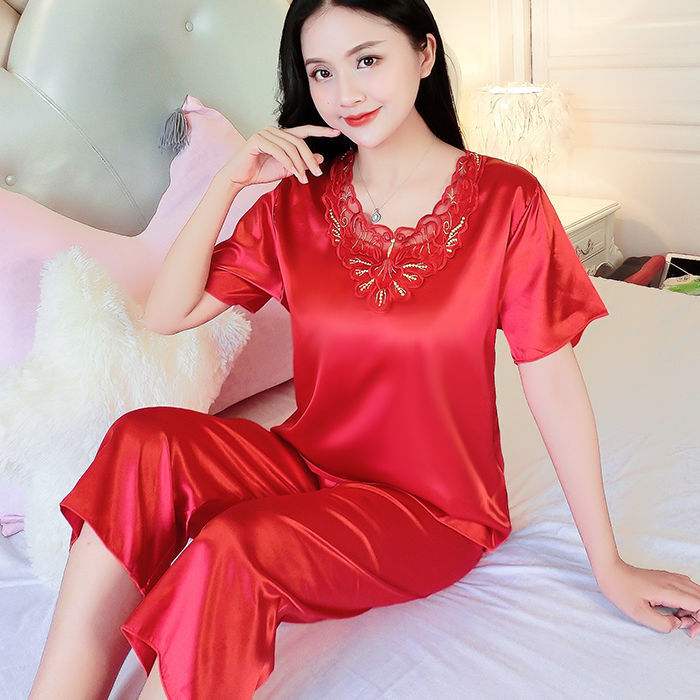 大码夏季冰丝睡衣女夏天短袖九分裤丝绸套装薄款高贵两件套家居服