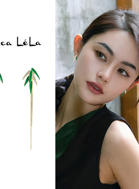 新中式绿色竹叶耳环银针女长款不对称古风流苏耳钉小众设计感耳饰