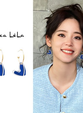 蓝色爱心耳钉女可爱法式个性夸张耳环2025新款爆款耳坠方圆脸耳饰