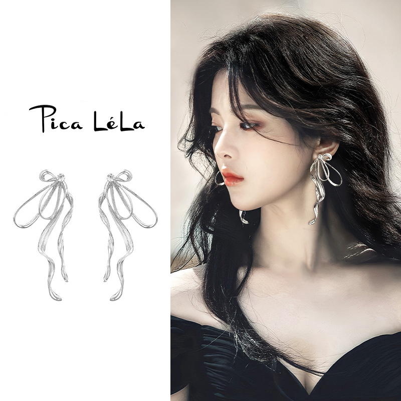 银色蝴蝶结耳环女高级感