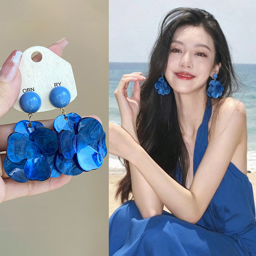 蓝色花朵耳夹女无耳洞新款耳环
