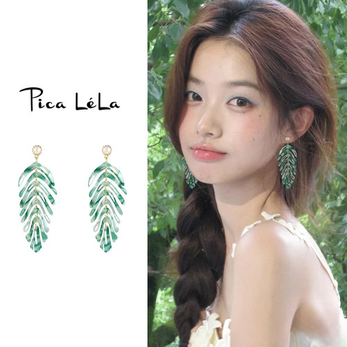 绿色树叶流苏耳夹女无耳洞耳环