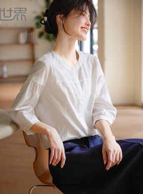 熙世界七分袖白色衬衫女款2026新款早秋显瘦洋气气质纯棉女士衬衣