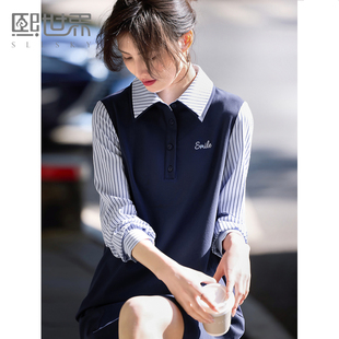 熙世界假两件条纹衬衫领连衣裙女学院风长袖直筒裙子2025春季新款