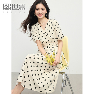 熙世界法式 收腰V领茶歇长裙子 波嬉风波点连衣裙女夏2025新款 短袖
