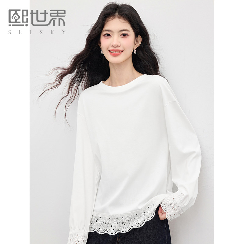 熙世界2025秋季新款镂空花边拼接T恤女长袖宽松圆领白色体恤上衣