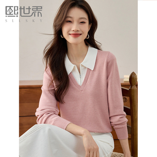 熙世界法式撞色POLO领针织衫女假两件拼接粉色上衣2025年早春新款