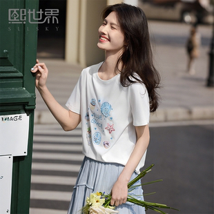 熙世界趣味印花T恤女短袖2025夏季新款休闲圆领小个子体恤上衣ins