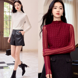 熙世界气质波浪纹蕾丝打底衫女2025年秋冬新款内搭半高领T恤上衣