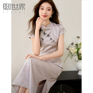熙世界《竹影》新中式国风盘扣立领开叉长裙子改良旗袍连衣裙女夏