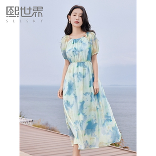 熙世界海边度假油画连衣裙女2024夏季新款法式晕染印花泡泡袖裙子