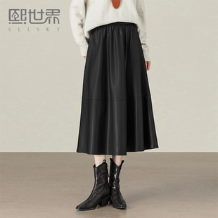 熙世界高级质感哑光PU皮裙半身裙女秋冬季磨毛遮胯显瘦A字伞裙子